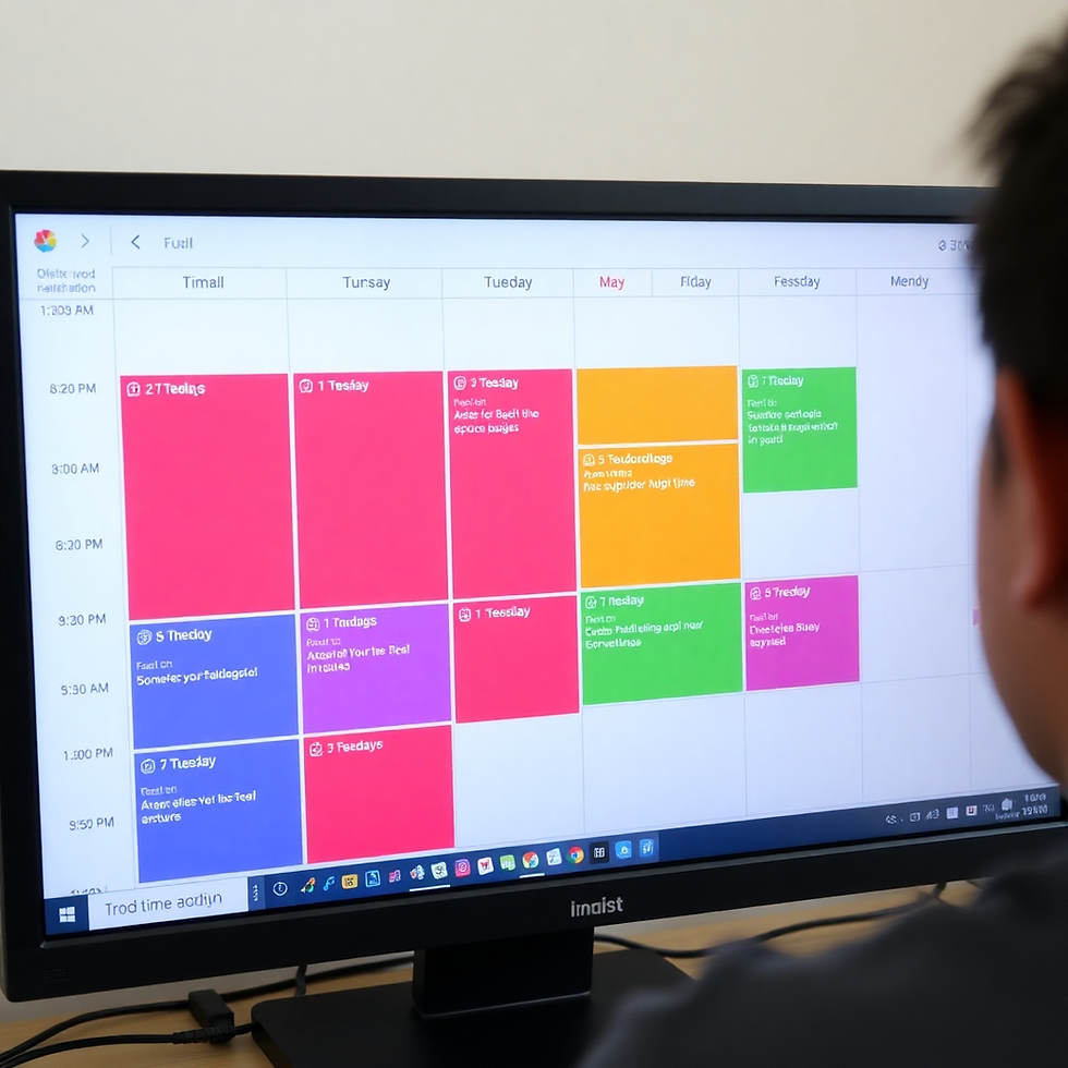 Person viewing a colorful calendar on a monitor, displaying various events and times. Bright blocks in pink, orange, green, and blue.