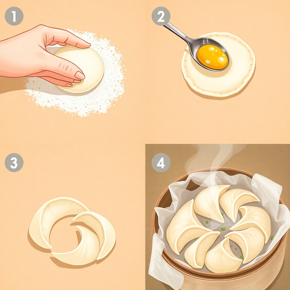 Four-step cooking process: 1. Press dough in flour. 2. Fill with a yellow mixture. 3. Shape into crescents. 4. Steam crescent dumplings.