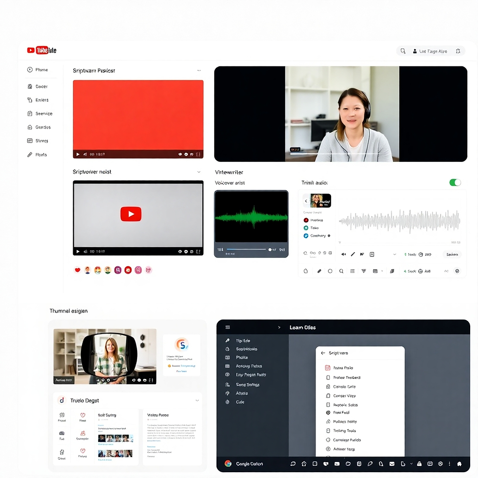 Computer screen with various video and audio editing tools. A person appears on video in the top right. Interface includes waveforms and menus.