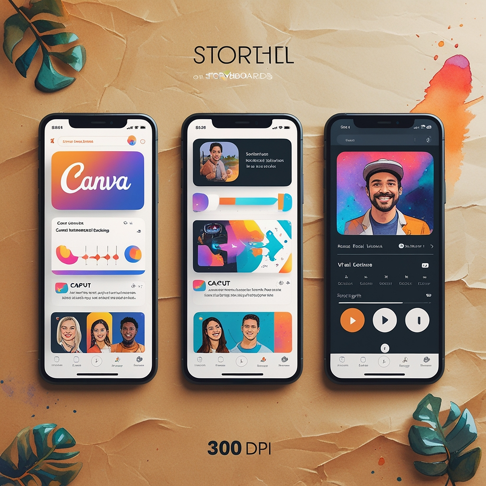 Three smartphones on a textured paper background display colorful app interfaces with graphics and profiles. Text reads "STORYBOARDS" and "300 DPI".