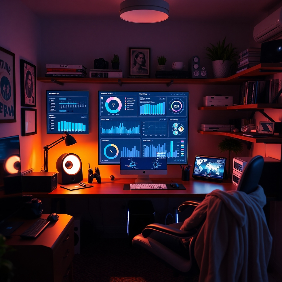 Room with dim lighting features multiple screens displaying data dashboards. A chair with a blanket sits in front of the desk, creating a cozy vibe.