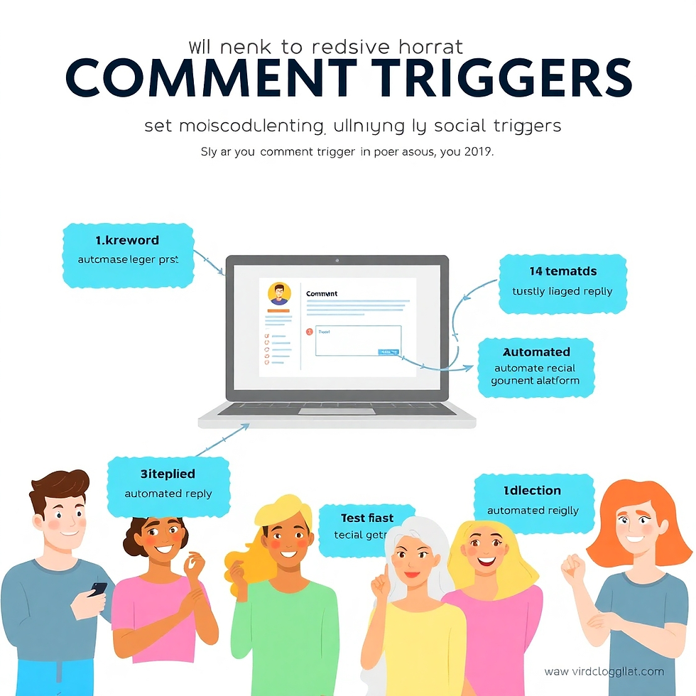 Cartoon people smiling, pointing at a laptop screen with comment boxes. Text reads: “COMMENT TRIGGERS.” Blue and pink accents.