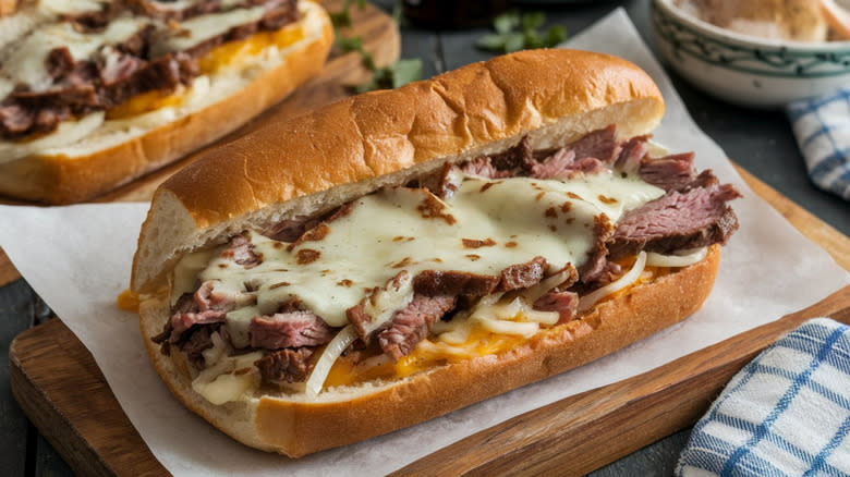 Cheesesteak sandwich with melted cheese and sliced steak on a wooden board. Checkered cloth and dishware in the rustic background.