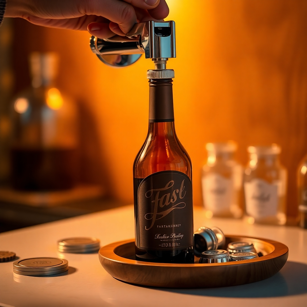 Hand using a bottle opener on a brown glass bottle labeled "Fast." The scene is warmly lit with a wooden tray and jars in the background.