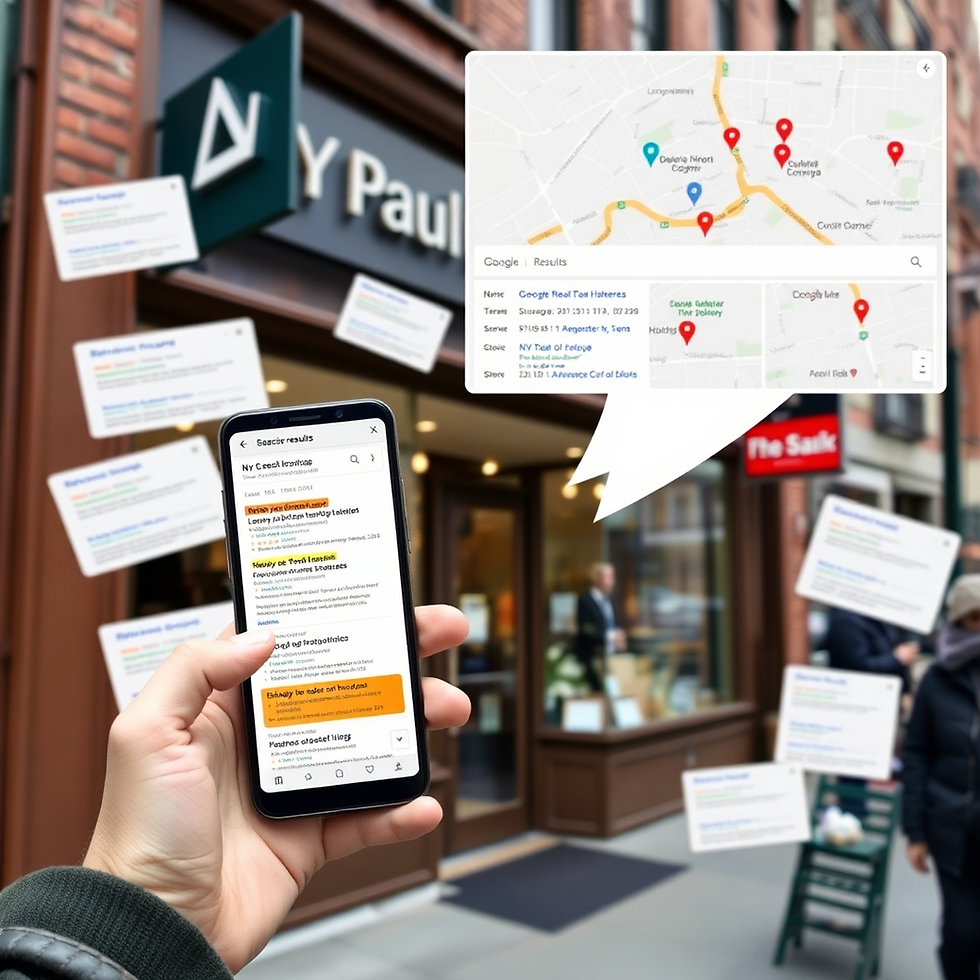 Hand holding a phone with search results, standing outside a shop. Floating text snippets surround, map inset with location pins visible.