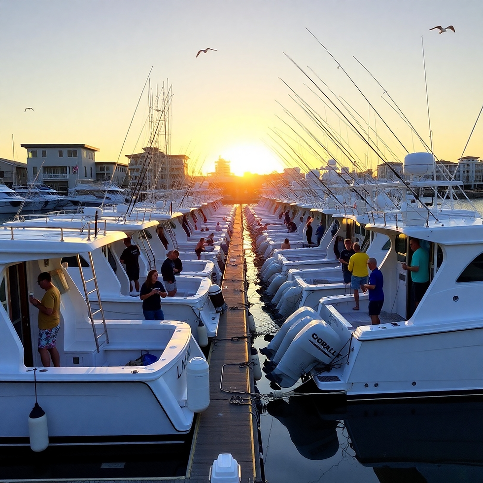 People on docked boats at sunset, surrounded by buildings. Fishing rods and seagulls in view. Warm glow reflects on the water.