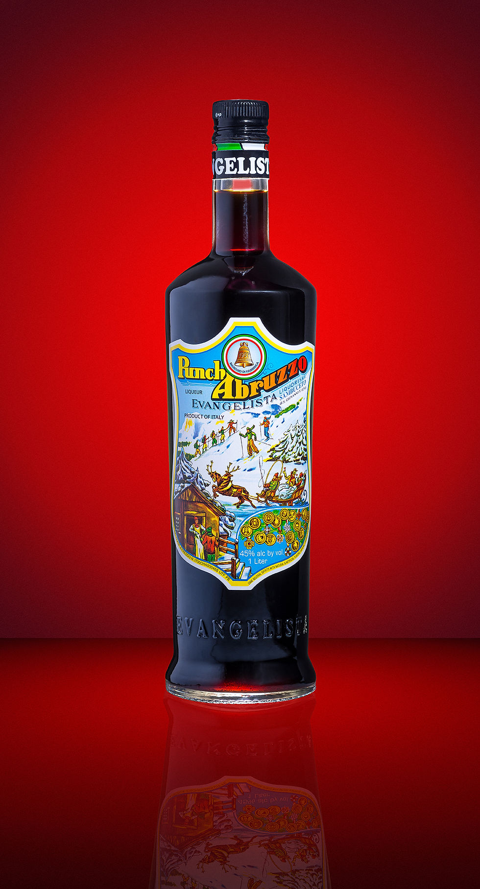 A dramatically lit composition presenting a bottle of Punch Abruzzo liquor.