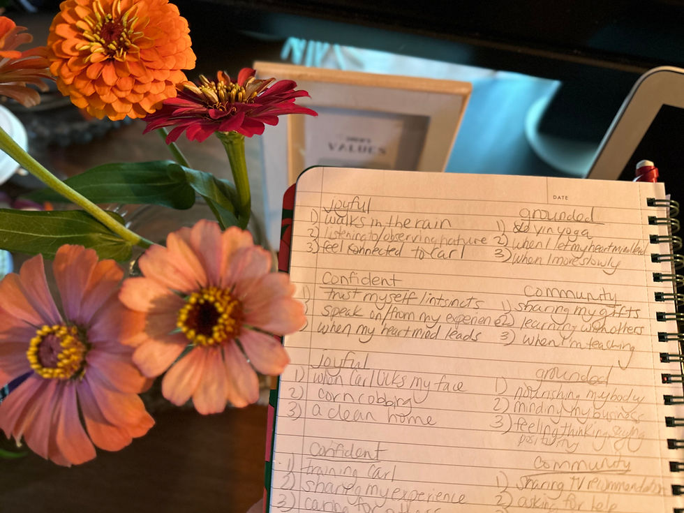 A picture of a notebook with a list of things that make me feel joy, grounded, confident and community.