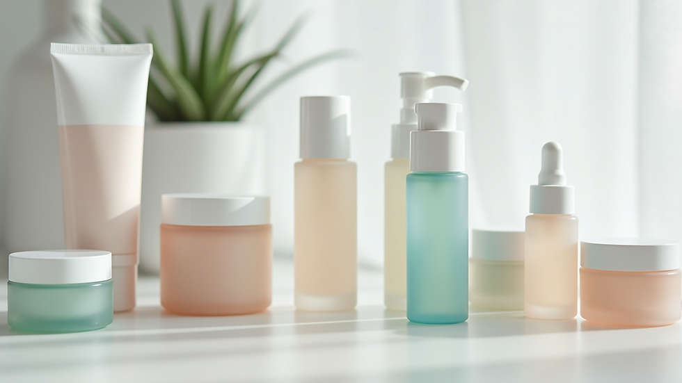 Close-up view of a variety of skincare products arranged on a white surface