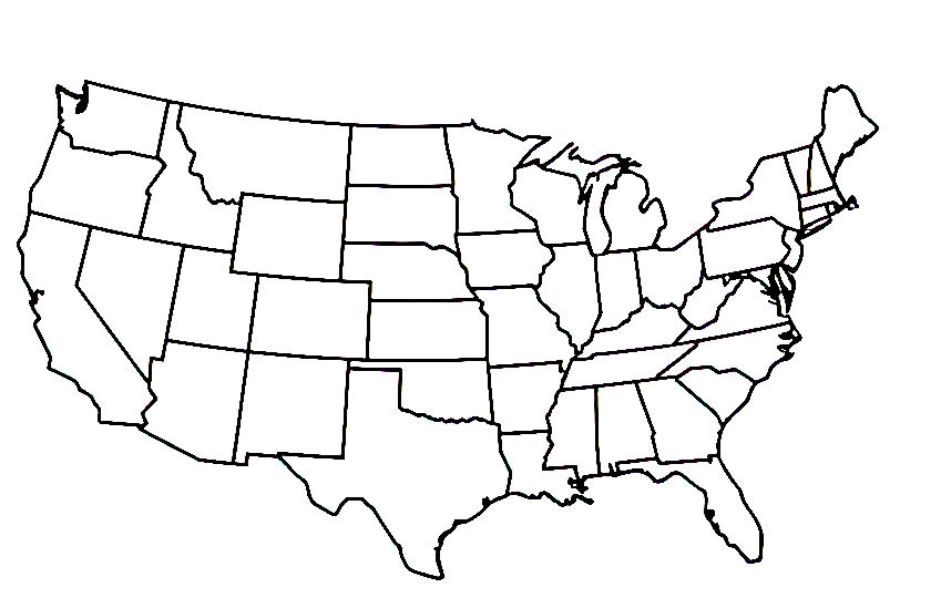 black and white map of the USA, only the