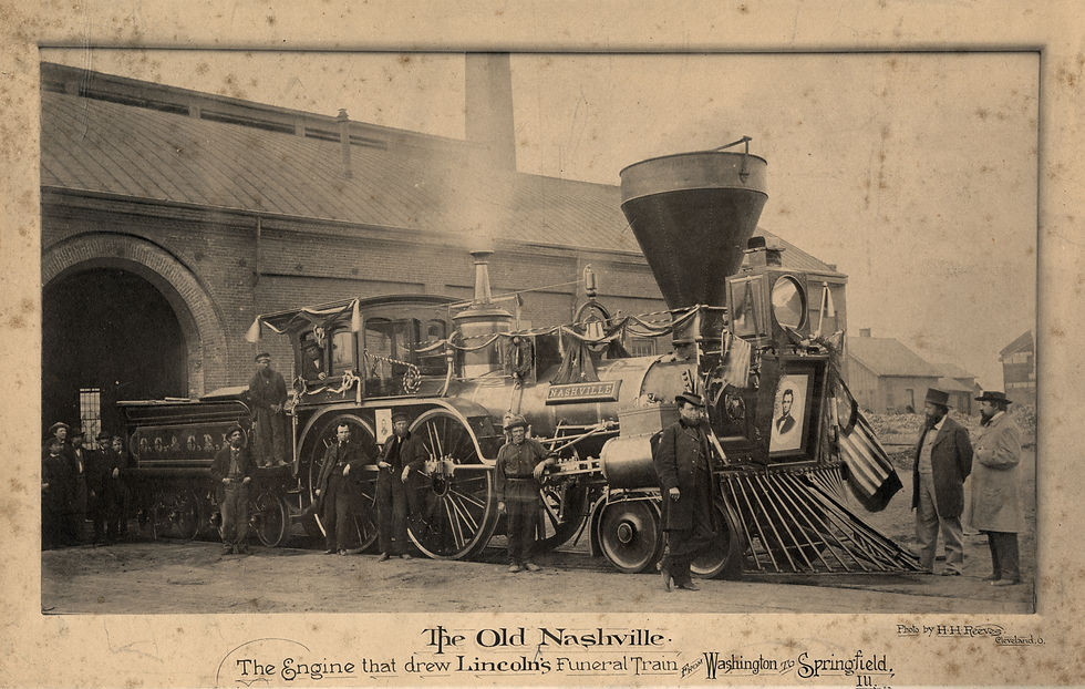 Historic black-and-white photo of the "Nashville" train with workers posing. Features brick buildings, a portrait, and text about Lincoln's funeral train.
