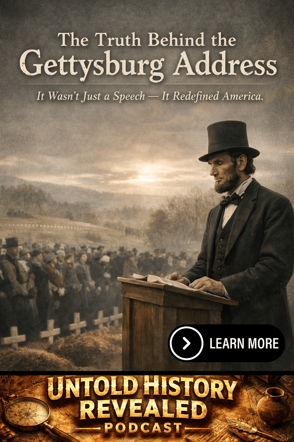 A man in historical attire speaks at a podium outdoors, with a cemetery and an audience behind. Text: The Truth Behind the Gettysburg Address.