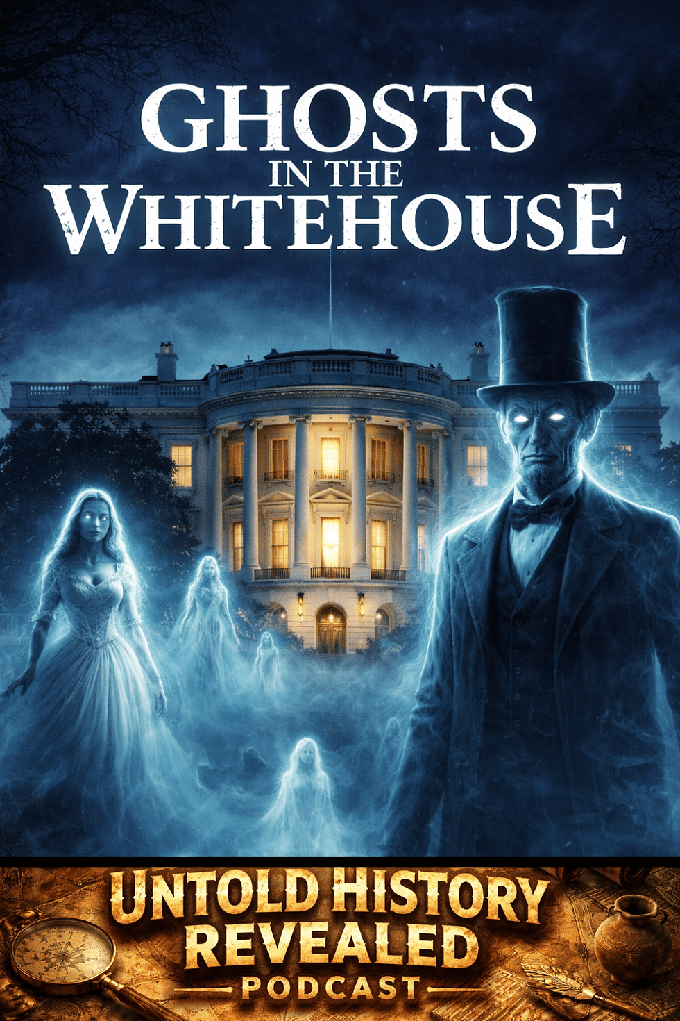 Ghostly figures in front of a lit White House at night. Text reads "Ghosts in the White House." Below, "Untold History Revealed Podcast." Eerie mood.