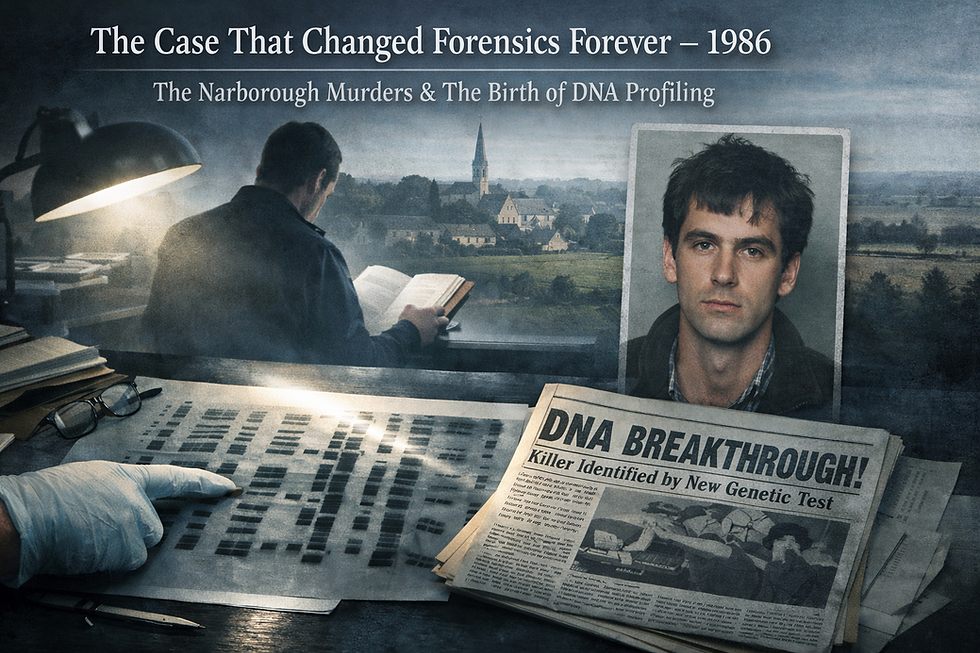 Man analyzes DNA fingerprints under a lamp. Newspaper headline: "DNA BREAKTHROUGH!" Photo of a person. Text: "The Case That Changed Forensics Forever."