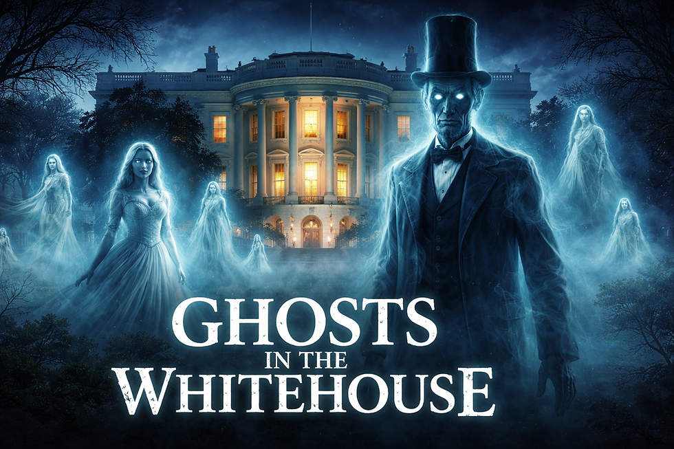 Eerie ghosts with glowing eyes float before the lit White House at night. Dark, misty atmosphere. Text: "GHOSTS IN THE WHITEHOUSE."