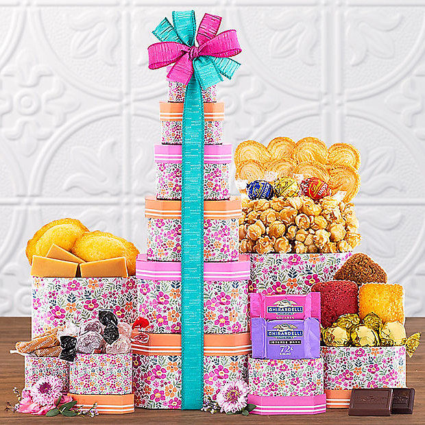 Floral Celebration: Gourmet Gift Tower