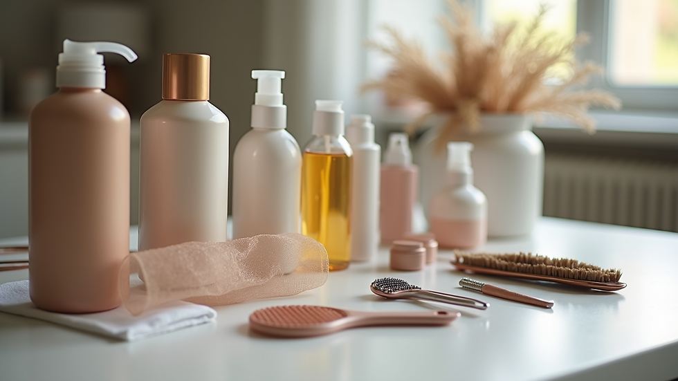 Close-up view of bridal hair tools and products arranged neatly on a table