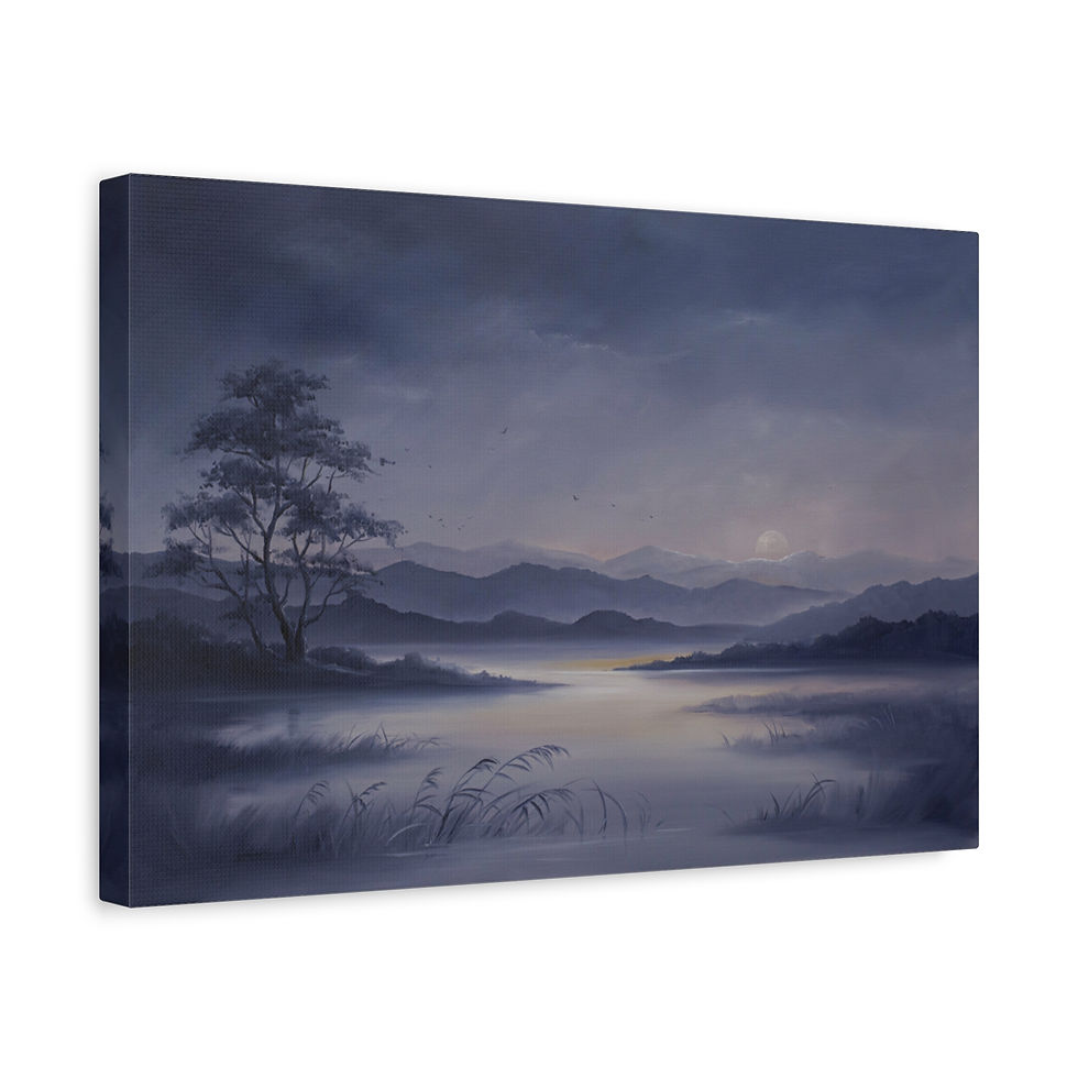 Thumbnail: Moonlit Lakeside Canvas Wall Art — Serene Blue Landscape Matte Stretched Print