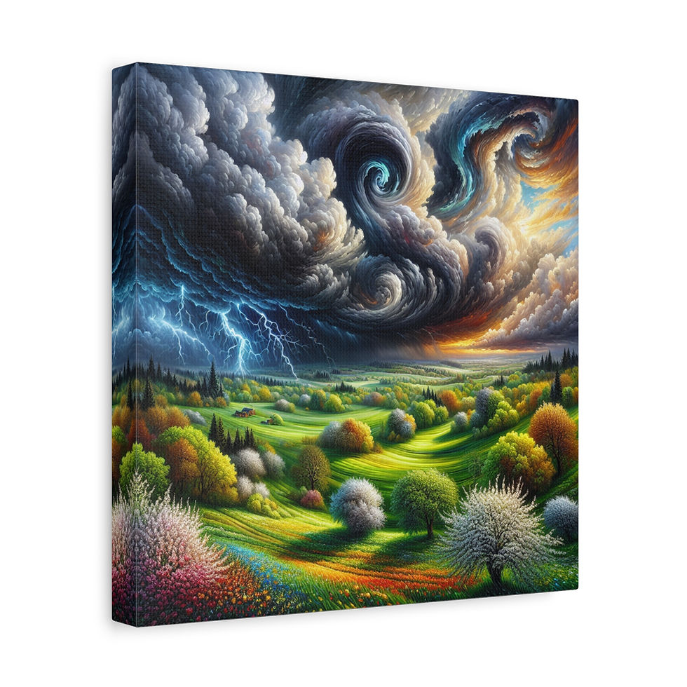 Thumbnail: Vibrant April Landscape Canvas Wall Art - Stormy Sky & Lush Fields