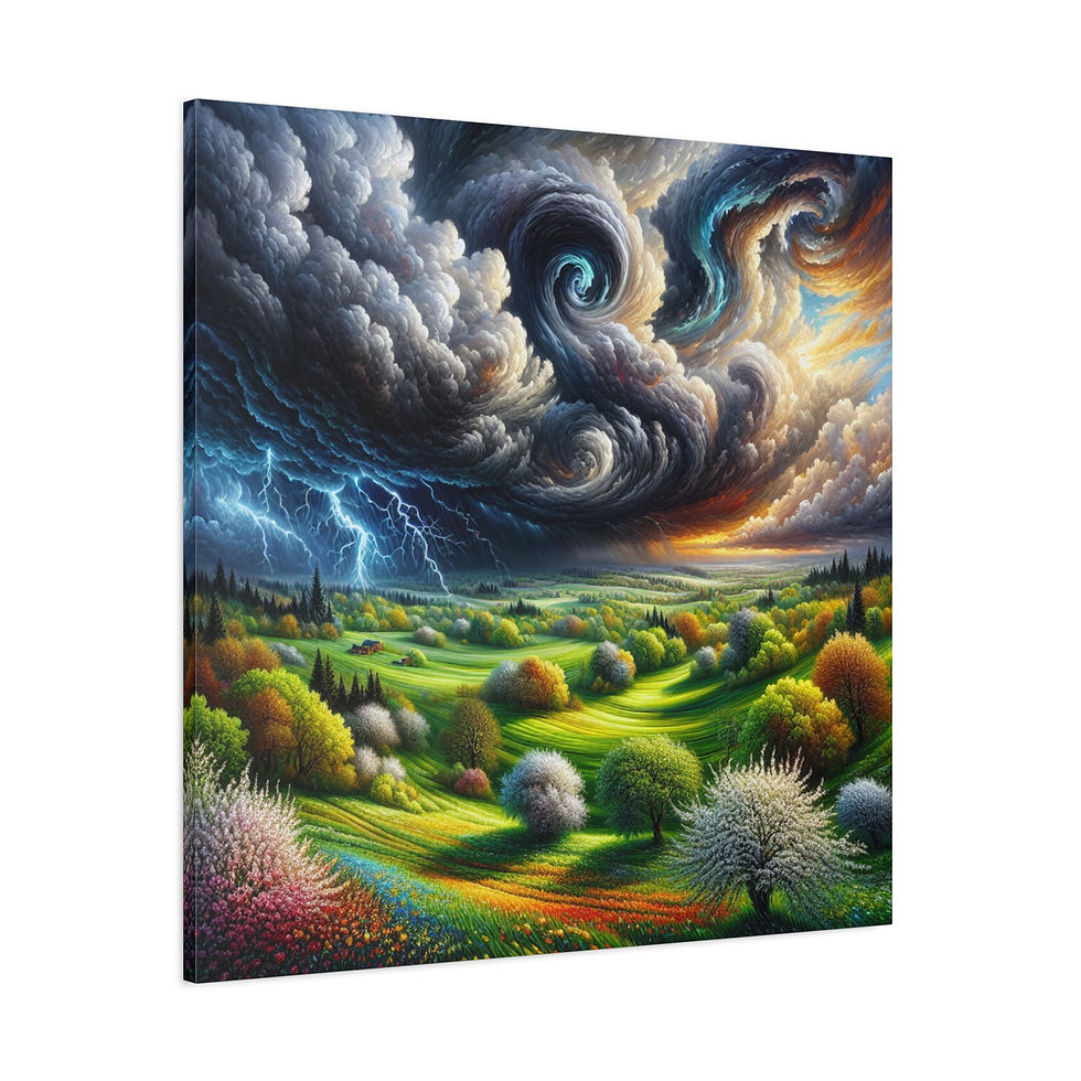 Thumbnail: Vibrant April Landscape Canvas Wall Art - Stormy Sky & Lush Fields
