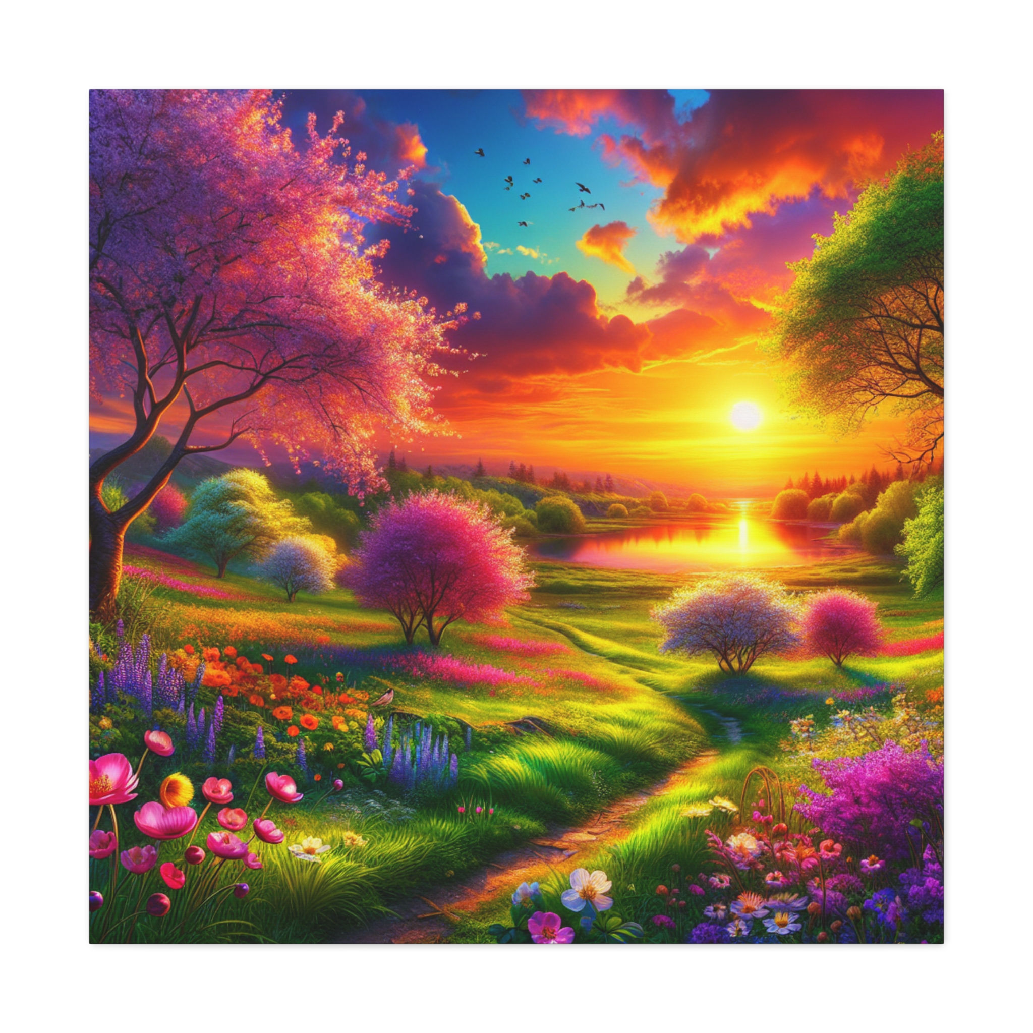 May Sunset Canvas Art - Sunset Over Flowering Meadow