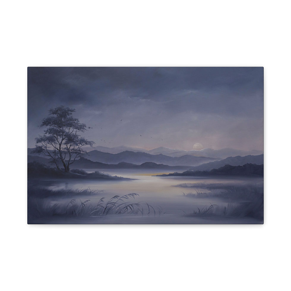 Thumbnail: Moonlit Lakeside Canvas Wall Art — Serene Blue Landscape Matte Stretched Print