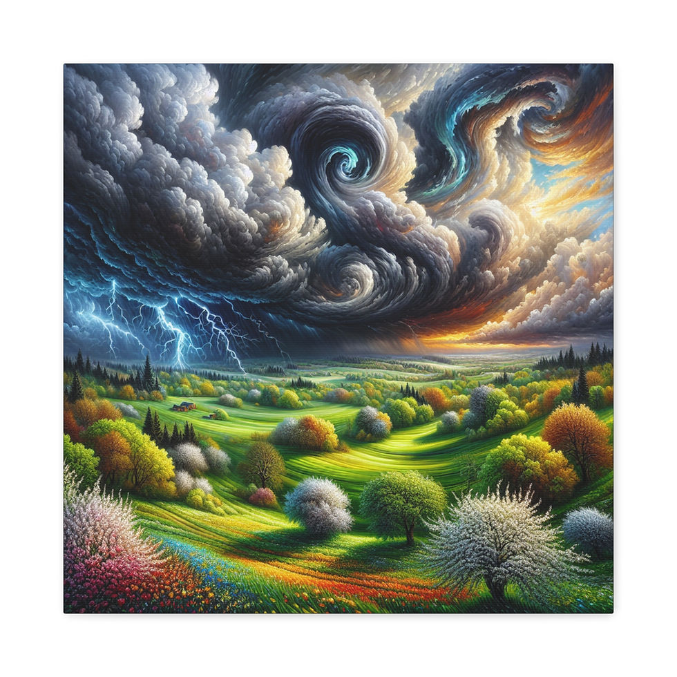 Thumbnail: Vibrant April Landscape Canvas Wall Art - Stormy Sky & Lush Fields