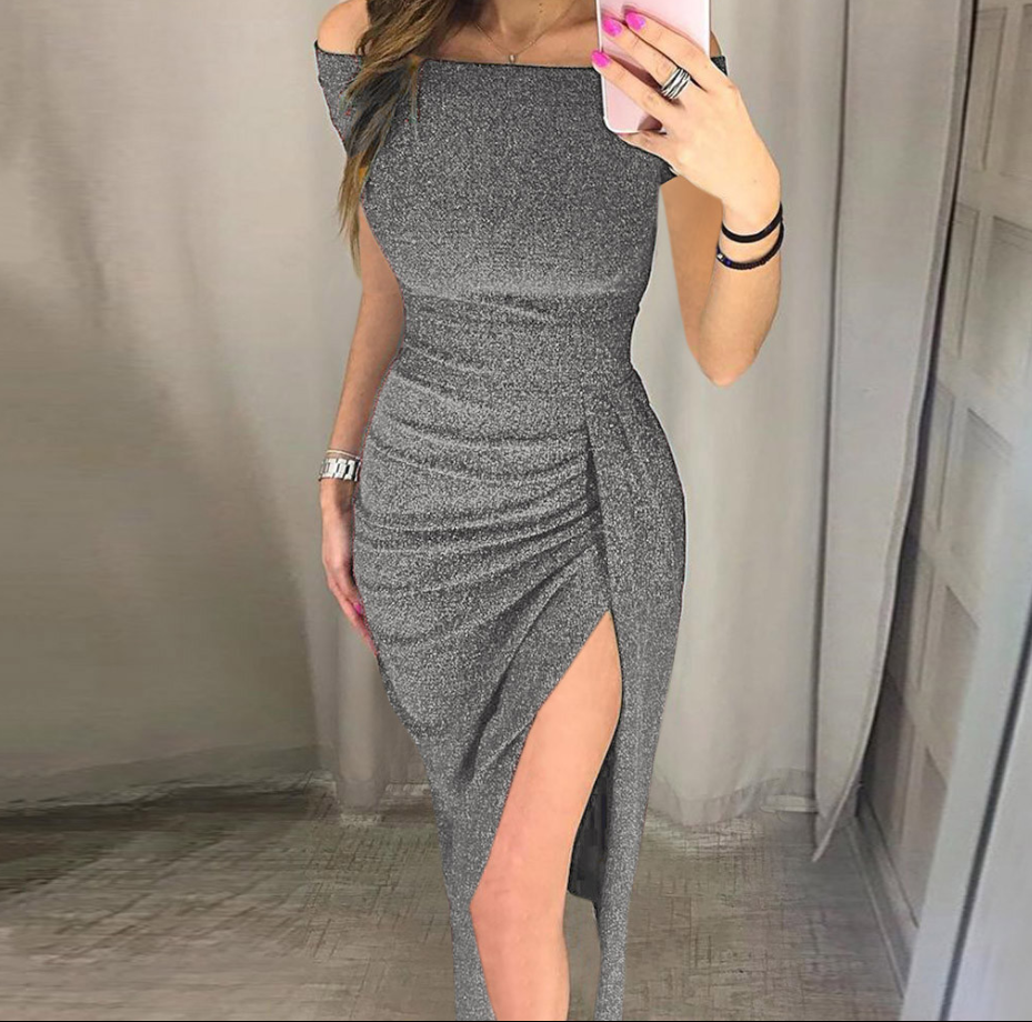 Shiny Off-Shoulder Short Sleeve Bodycon Dress
