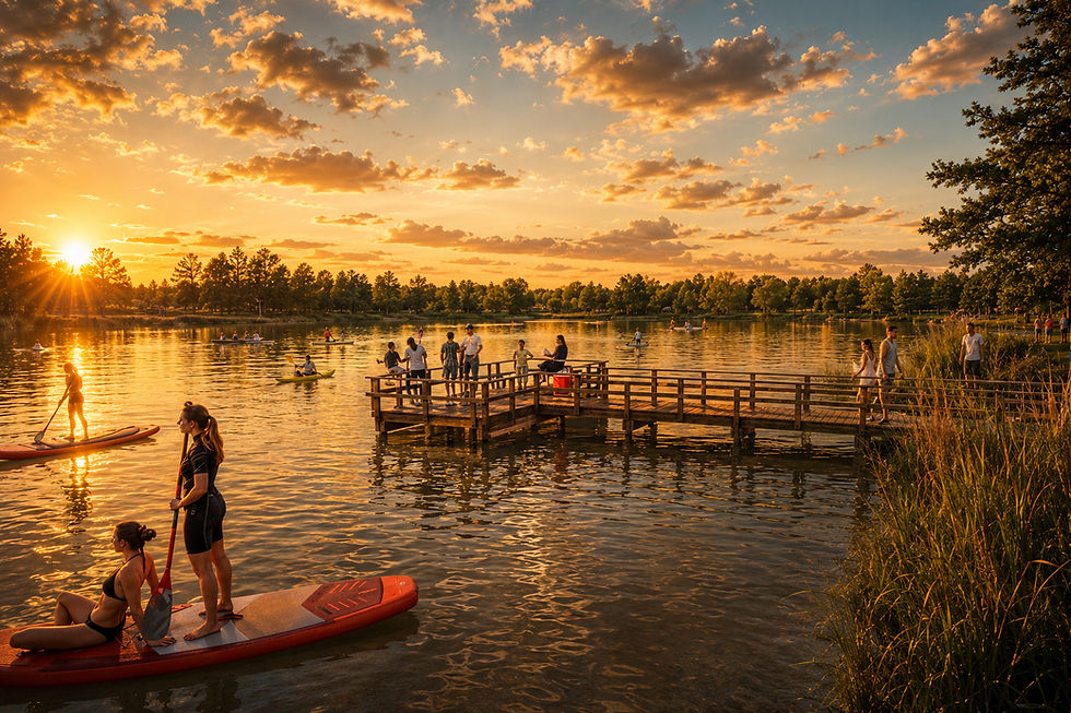 Neighborhood amenity lake with fishing pier, wetland benches, shaded trails, and active users.