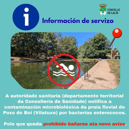 Prohibido o baño na praia fluvial do Pozo do Boi a causa de contaminación microbiolóxica