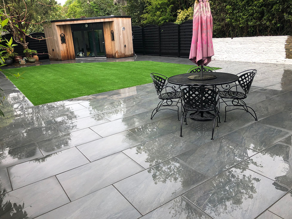 Porcelain patio and artificial grass