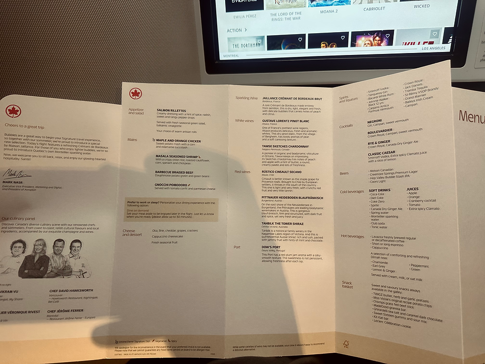 Air Canada Business Class Menu Montreal-Los Angeles