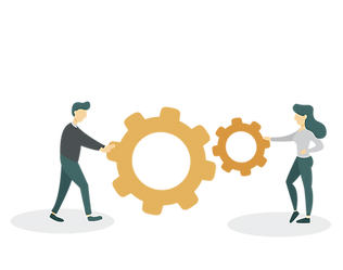two business professionals hold up a two gears