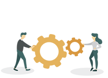 Two people push different sized gears toward each other.