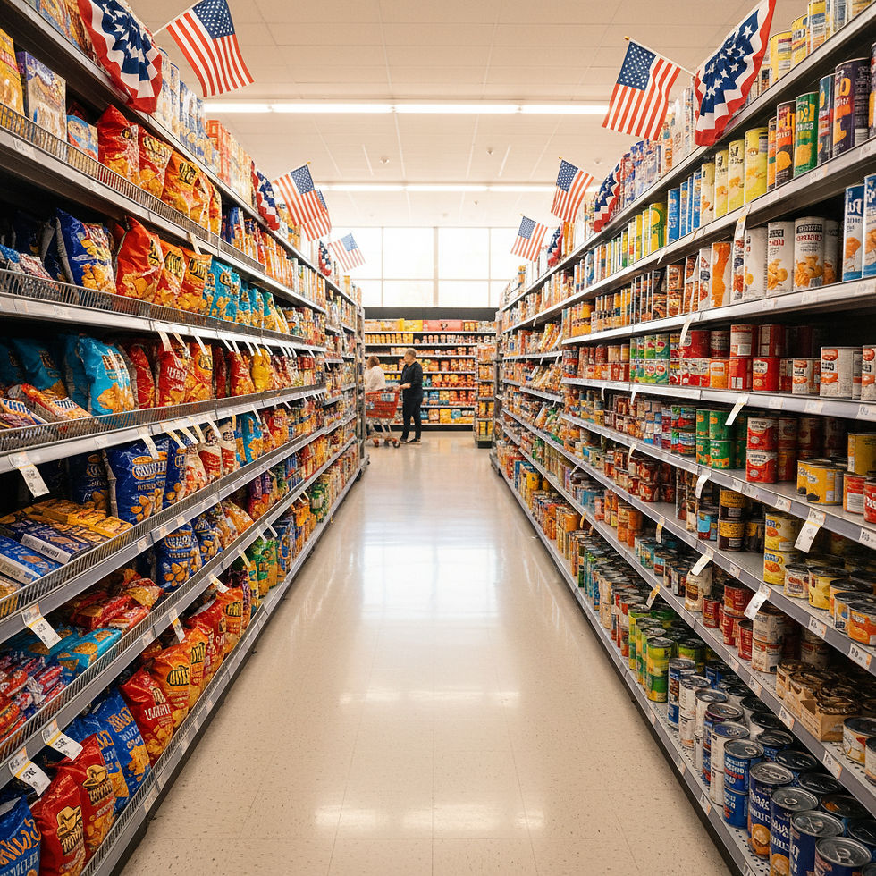 Rayon d'épicerie avec produits Selections America et drapeaux américains.