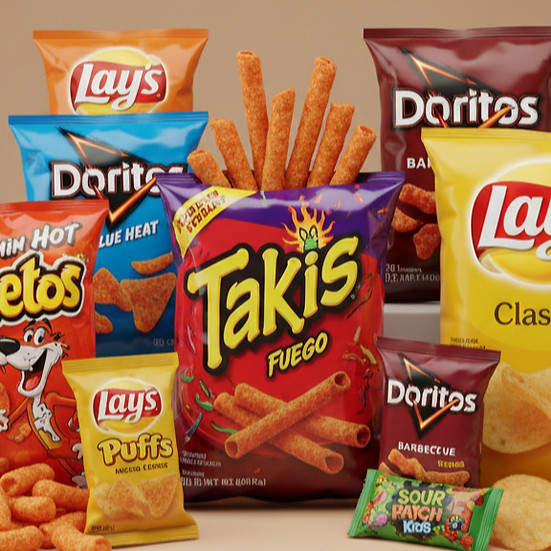 Variété de snacks de Selections America : Takis, Cheetos, Lay's et Doritos.
