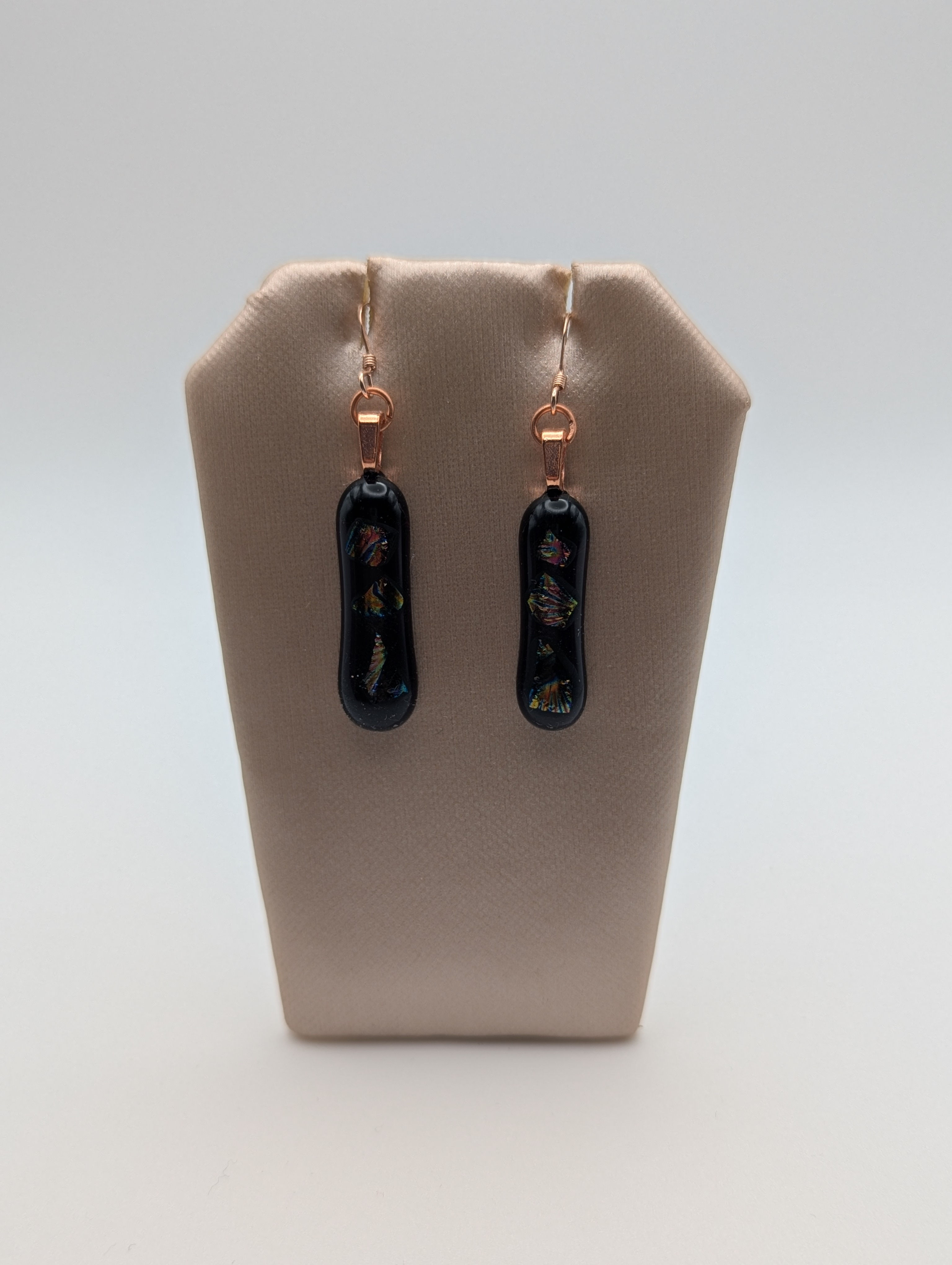 Deep purple and dichroic glass rose gold dangle earrings