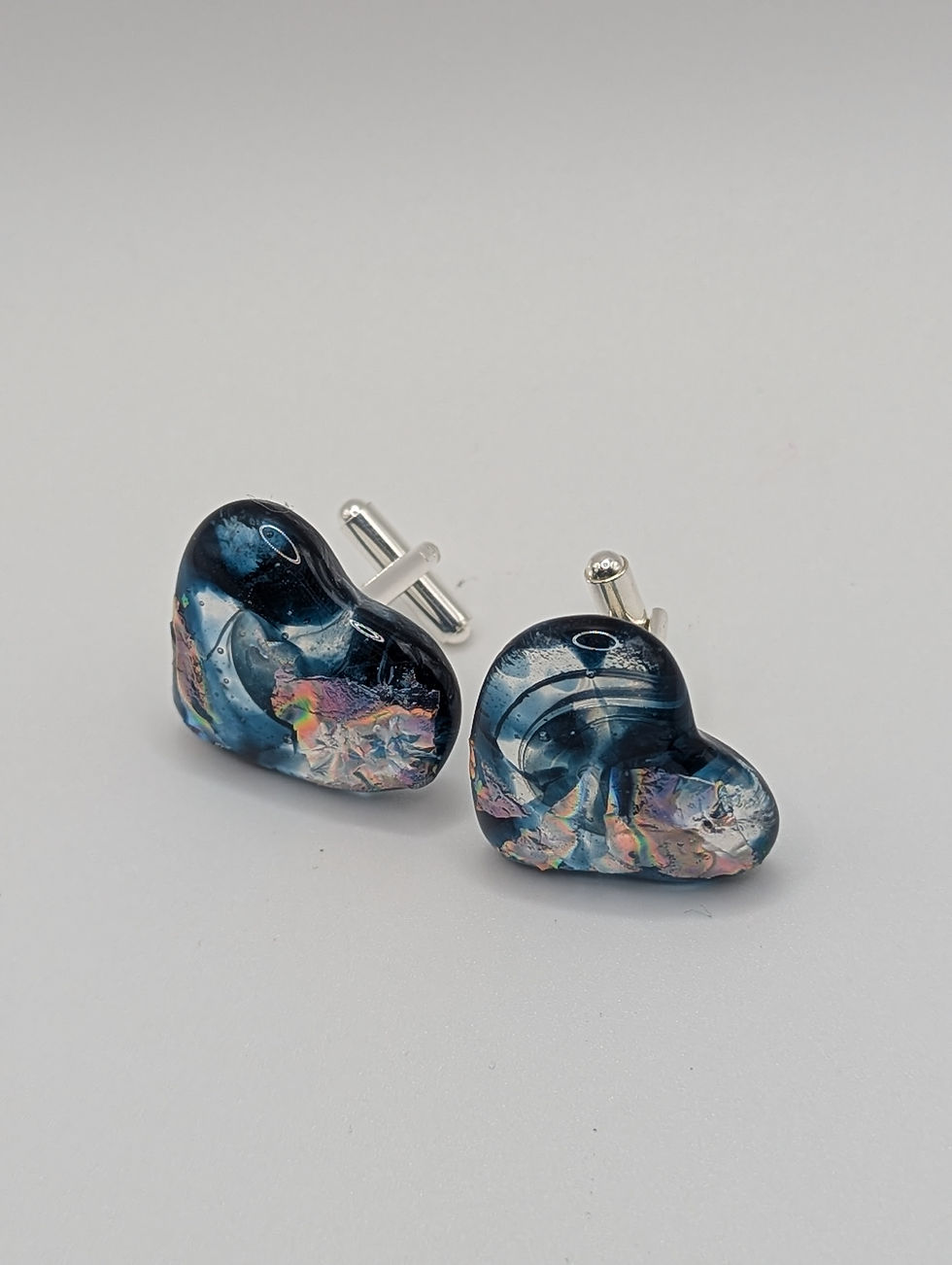Thumbnail:  Heart shaped blue dichroic glass cufflinks 
