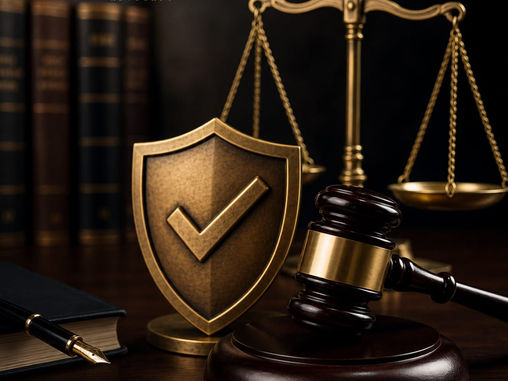 Ilustração tridimensional de um escudo de proteção, uma balança da justiça e um martelo do judiciário, simbolizando a segurança jurídica.