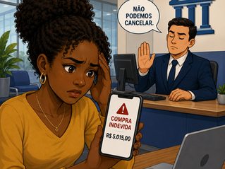 Mulher negra preocupada segura celular com alerta de compra indevida de R$ 5.015,00 enquanto um gerente de banco se recusa a cancelar a transação. Cena ilustrada em agência bancária com notebook, documentos e cartão de crédito sobre a mesa.