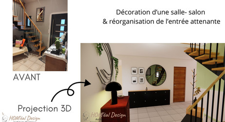 Réagencement et décorations d'une salle salon avec entrée, terracotta, arche, papier géométrique coloré, tasseaux, vert sapin