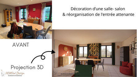 Réagencement et décorations d'une salle salon avec entrée, terracotta, arche, papier géométrique coloré, tasseaux, vert sapin