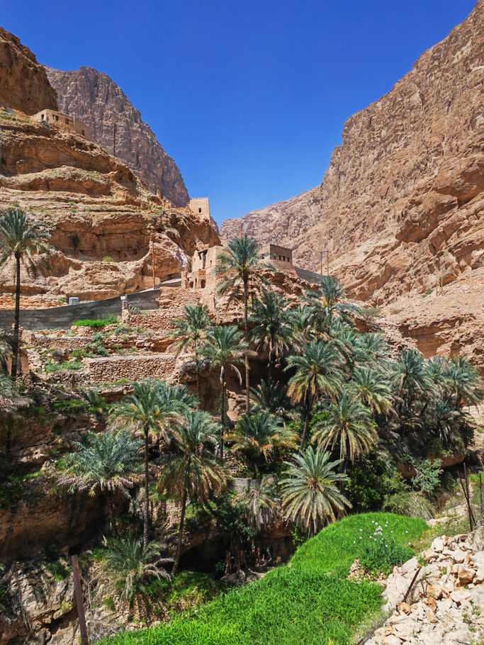 Adventure hikers trekking to Jahal Waterfall in Oman through wadis and oases on a 1-day nature hike.