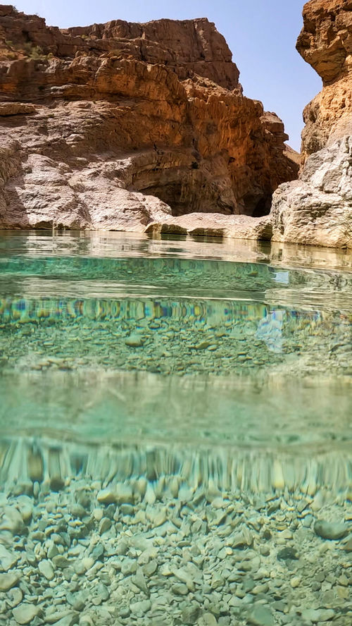 Crystal-clear swimming pool surrounded by pale limestone in Wadi Hawer, Oman