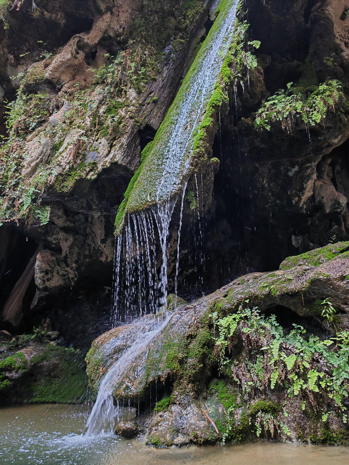 Waterfall flowing over mossy rock into a clear pool on the Wadi Al Hajir canyoning route