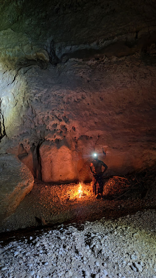 Underground cave camp illuminated inside Tahry Cave