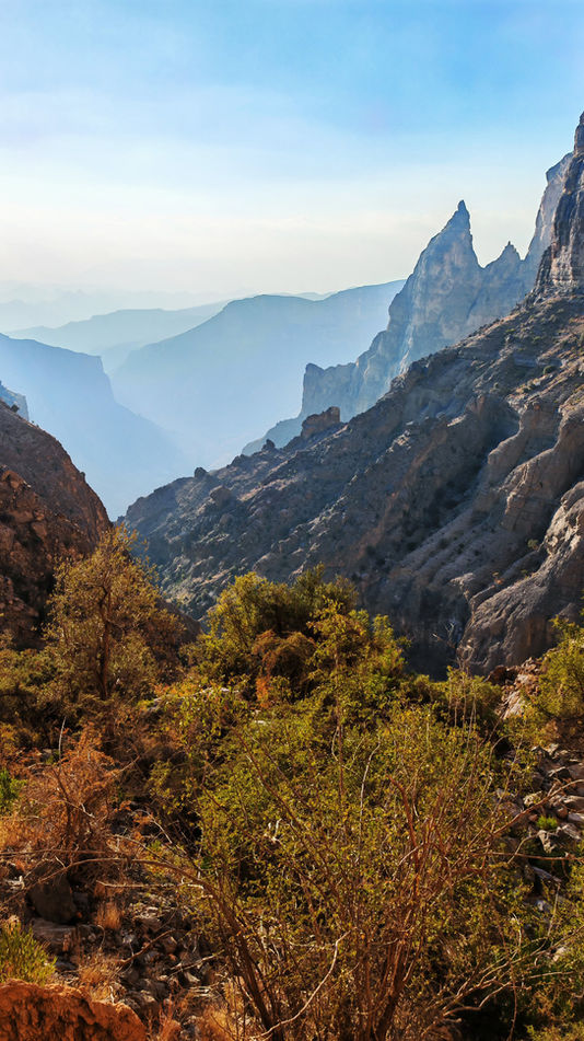 Mountain landscape on the approach to the Wadi Qasha extreme canyoning adventure in Oman