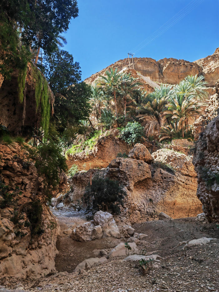 Hikers exploring Jahal Waterfall in Oman during a 1-day hiking adventure through rocky wadis and mountain streams.