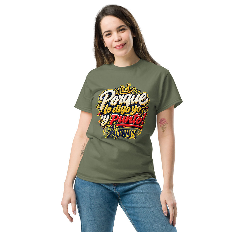 Thumbnail: Military Green Porque Lo Digo Yo lettering with gold crown and bear mascot on black t-shirt — on women's model, front