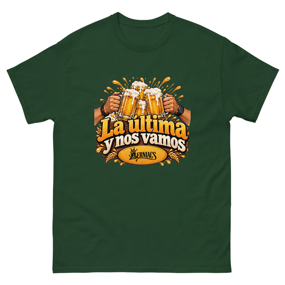 Thumbnail: Forest Green Black unisex cotton t-shirt featuring La Ultima y Nos Vamos beer cheers graphic — flat lay, front